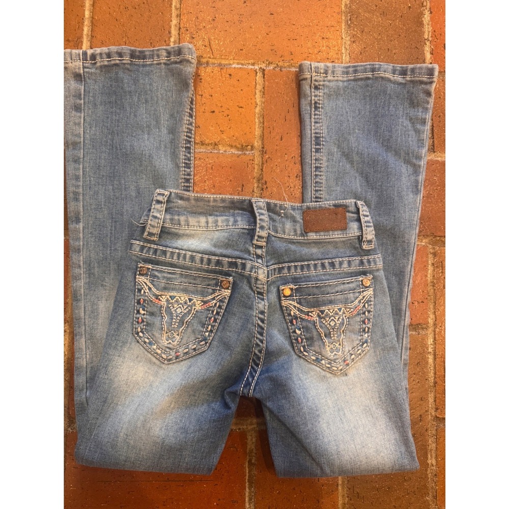 Shyanne Girls Medium Wash Bootcut Western Jeans with Embroidered Pockets Size 4